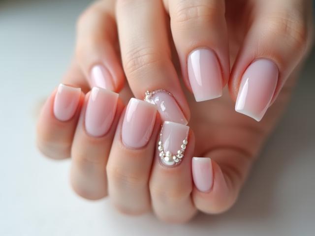 Modern minimalist bridal nails with single tiny pearl detail