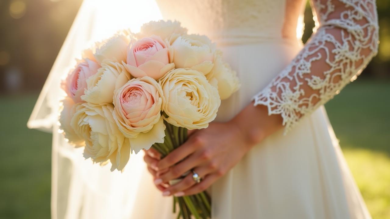 Close up of a bride's hands with delicate lace sleeves and elegant French manicure holding a soft pink bouquet