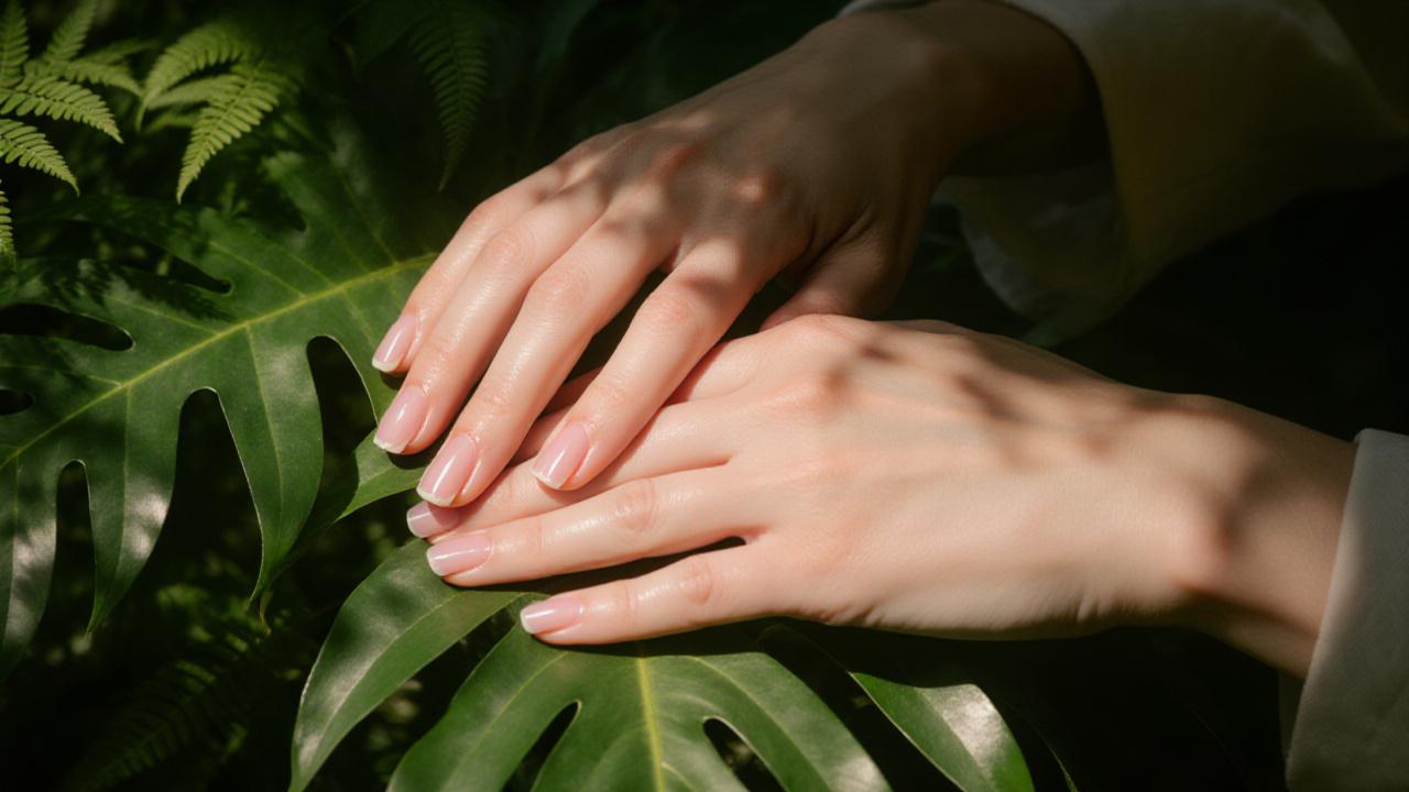 Hands with natural manicure resting on soft green botanical leaves