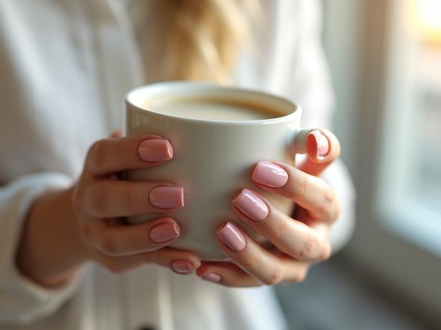 Woman holding a coffee cup showing off chip-resistant nails