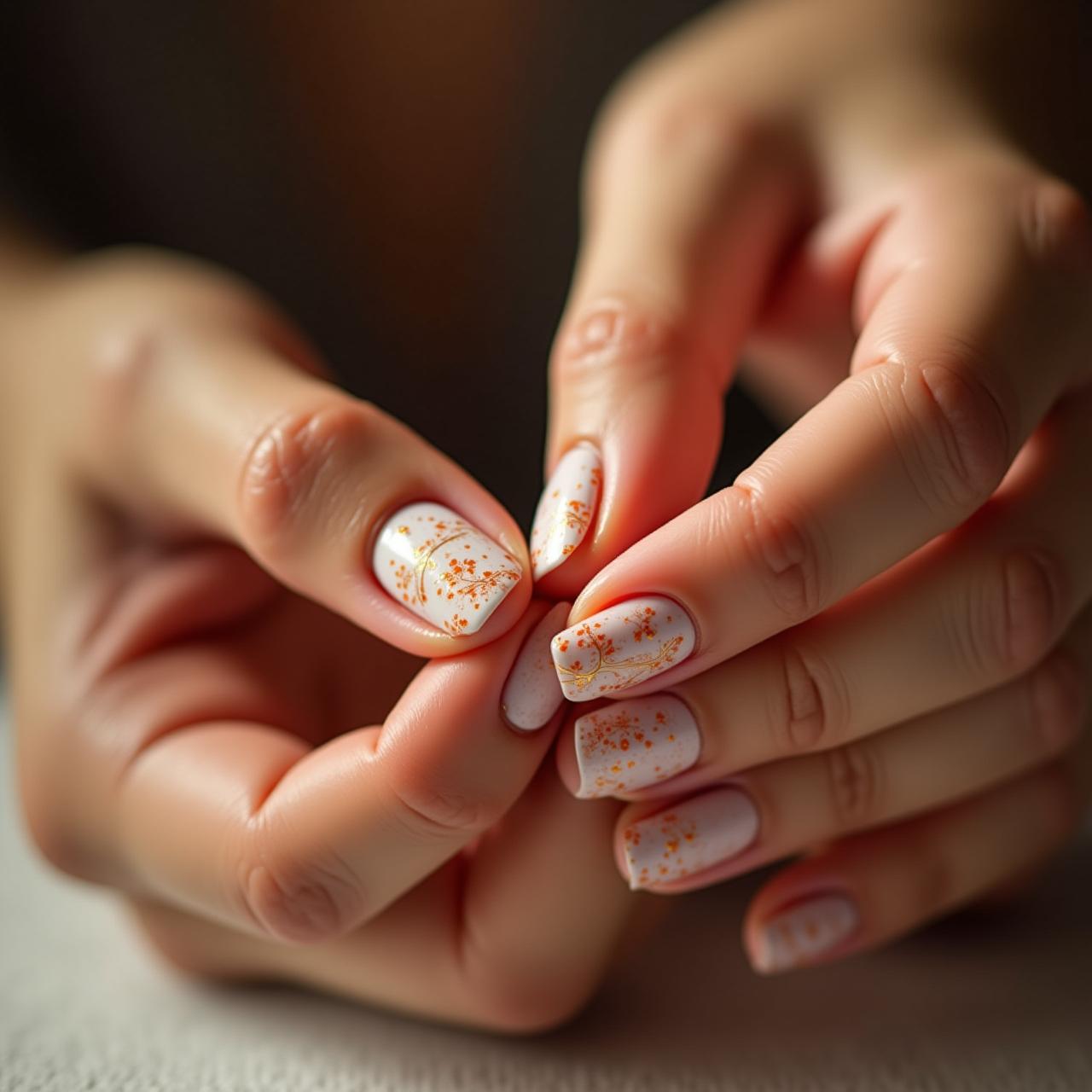 Artistic nail design showcase with intricate patterns and elegant hand positioning