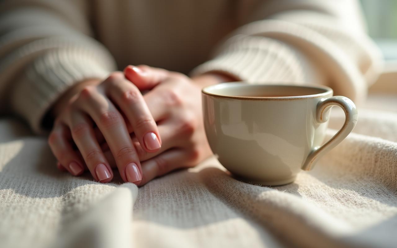 Close-up of elegant manicured hands holding a warm ceramic cup, reflecting at tranquility