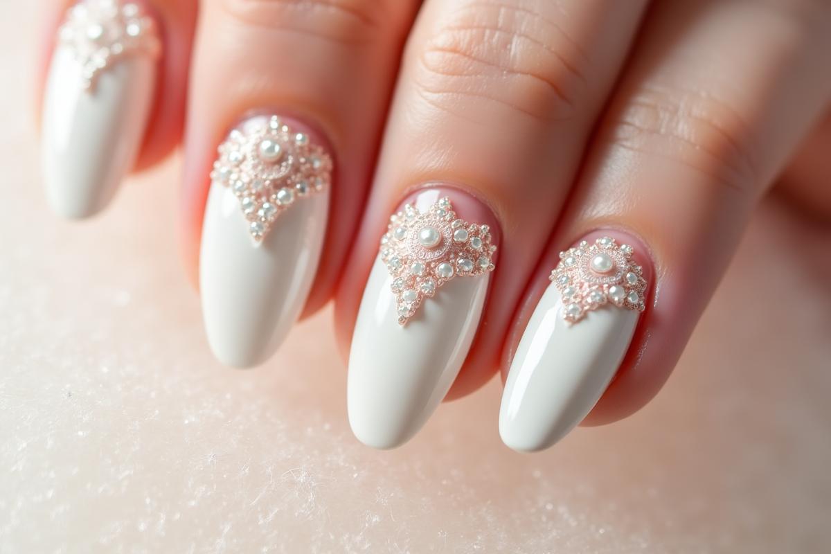 Stunning bridal nail design with 3D elements